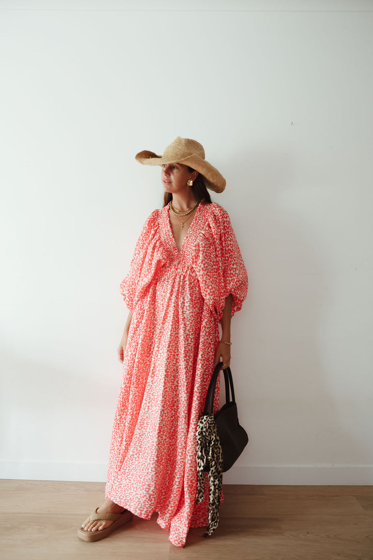 La Bohème Girls Essie V Neck Maxi Dress Coral Oat Leopard