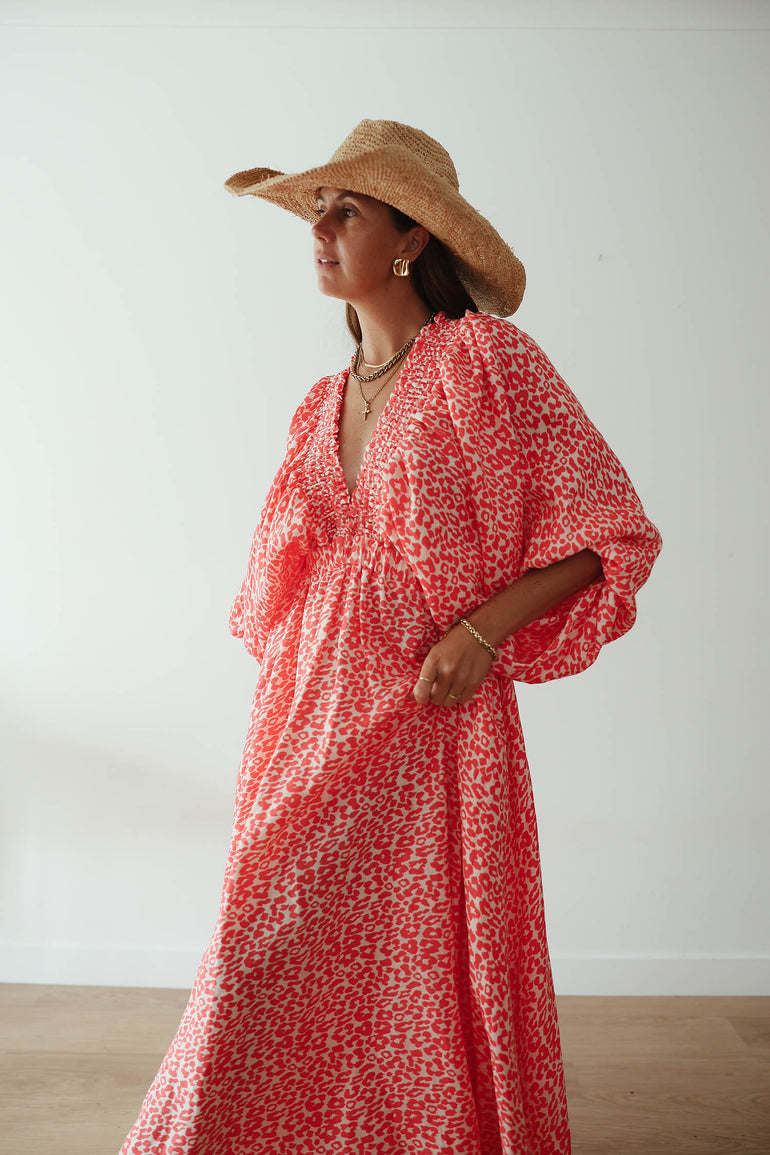 La Bohème Girls Essie V Neck Maxi Dress Coral Oat Leopard