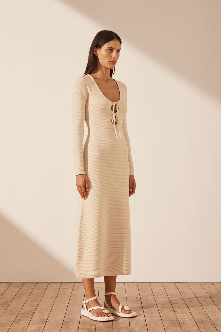 Shona Joy Eve Long Sleeve Keyhole Midi Dress Bone