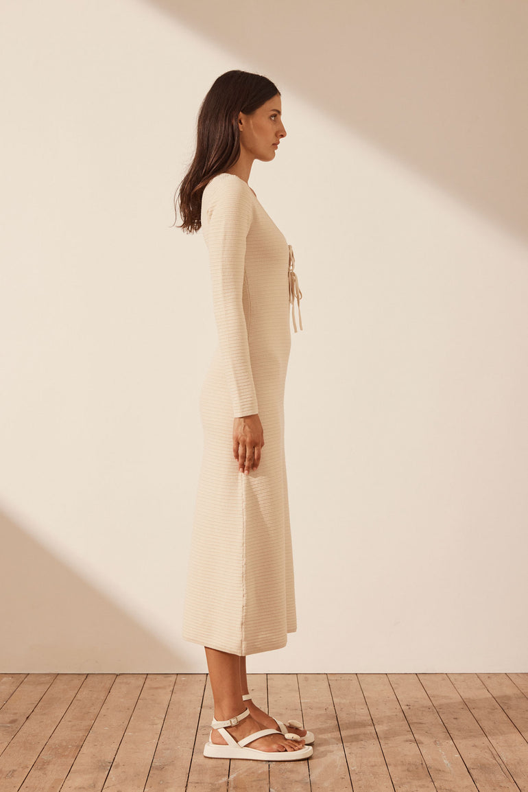 Shona Joy Eve Long Sleeve Keyhole Midi Dress Bone