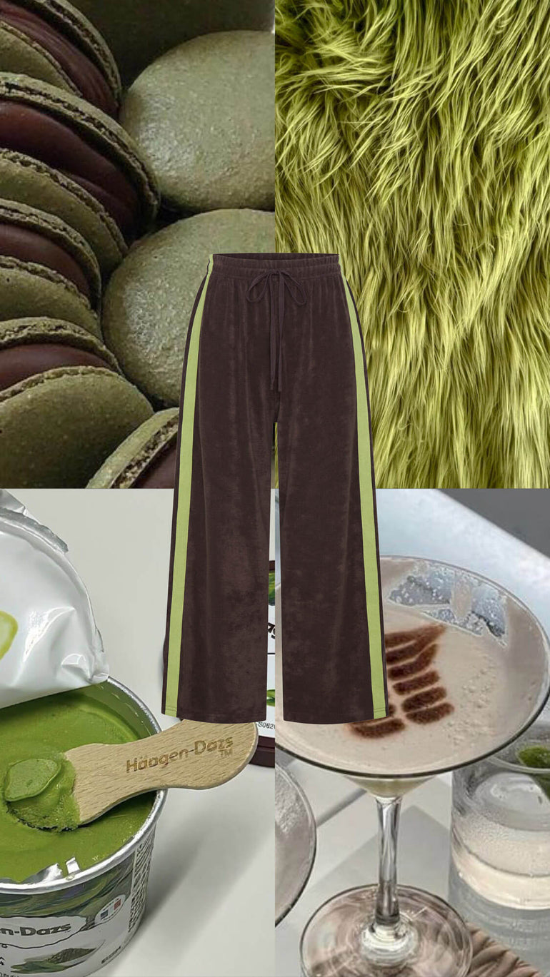 Collage of brown terry towelling pants with green trim, matcha powder, and a drink.