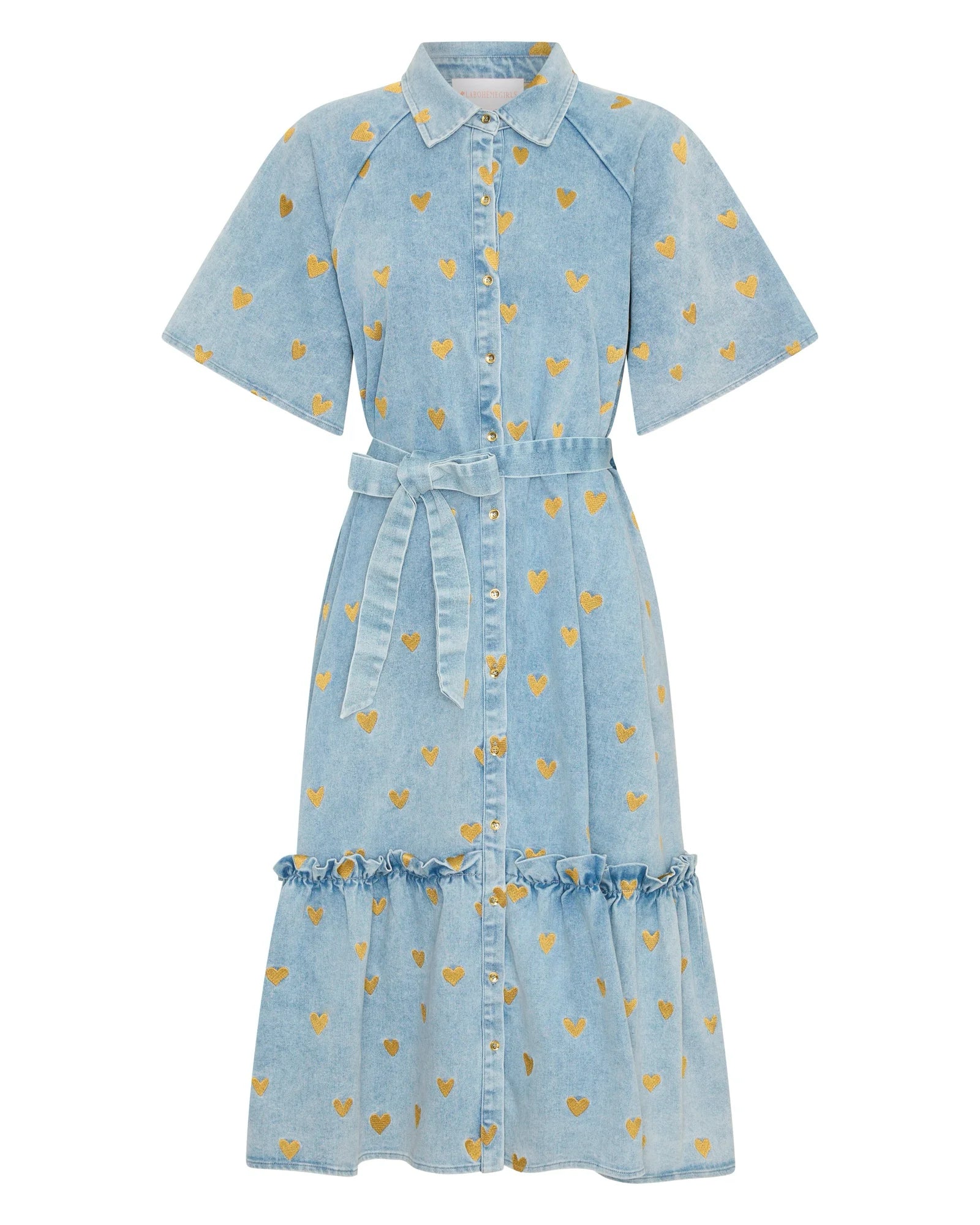 Light blue denim dress with gold hearts