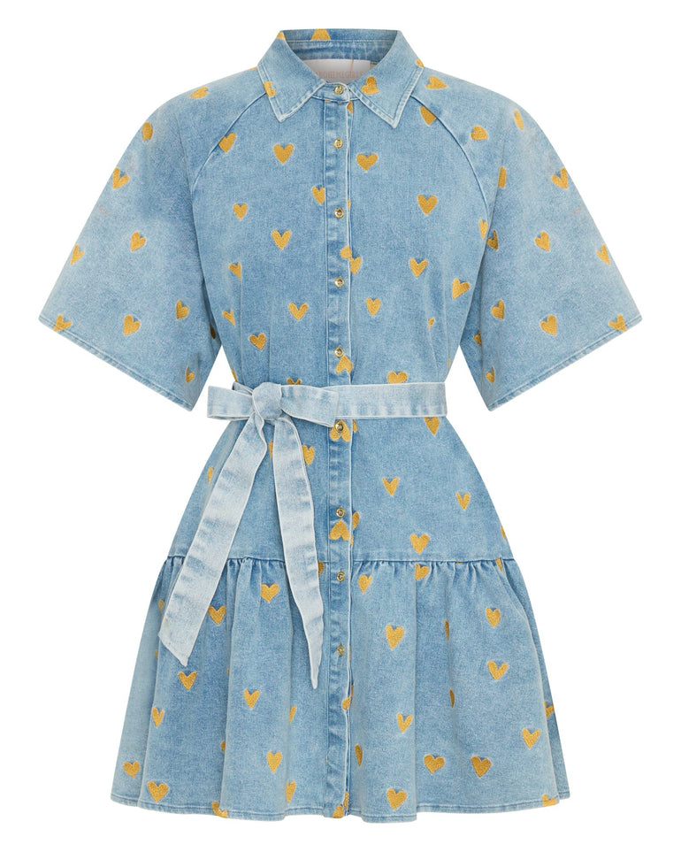 Denim dress with gold heart pattern