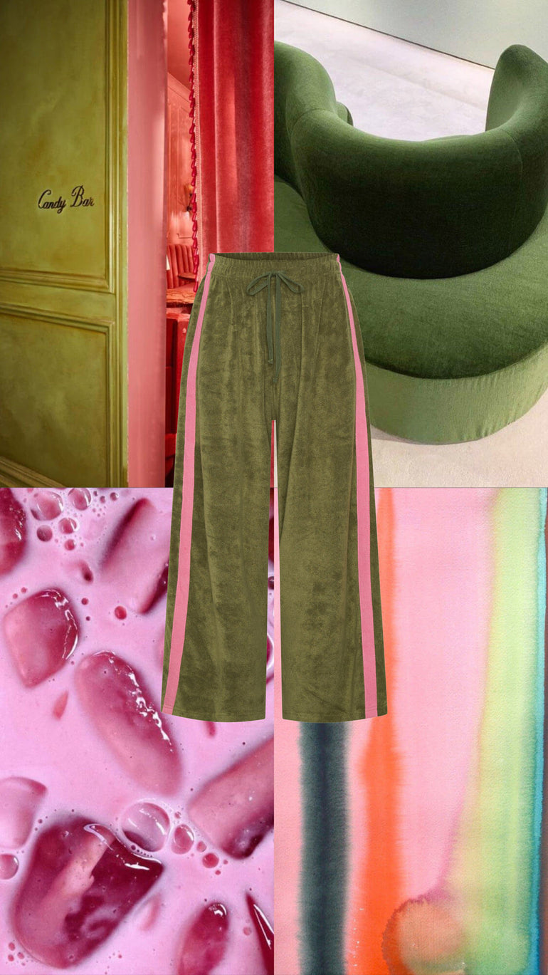 Collage of green pants, a green sweater, and pink liquid with bubbles.