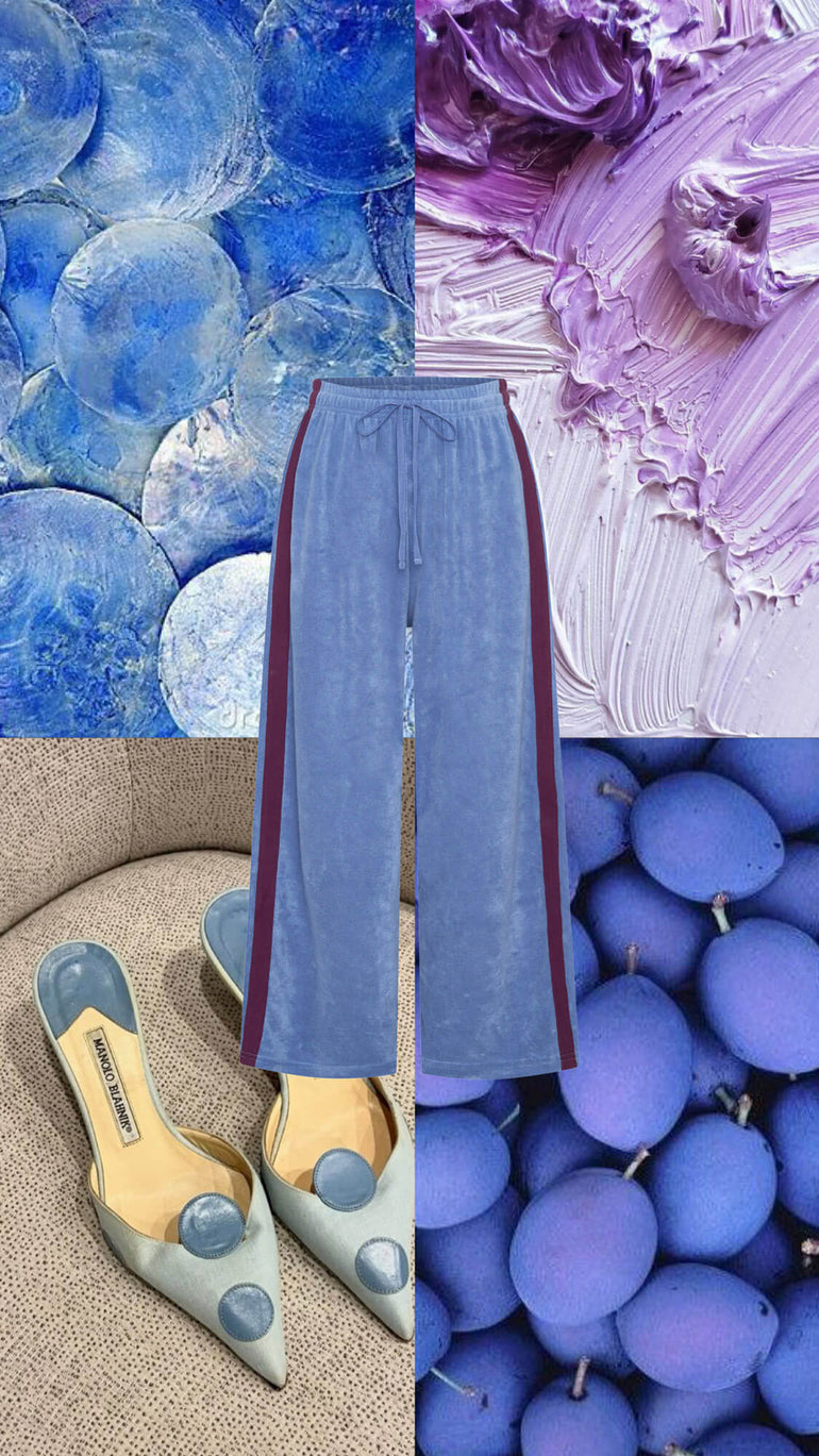 Collage of blue and purple items including terry towelling pants, shoes, and abstract art.