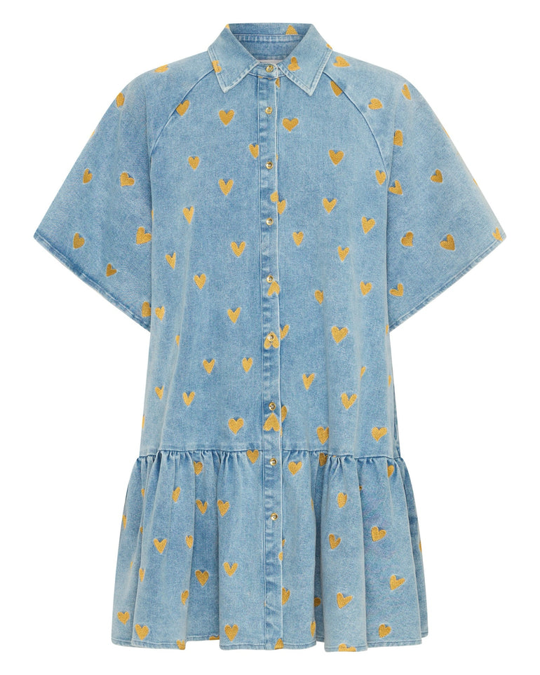 Denim dress with gold hearts
