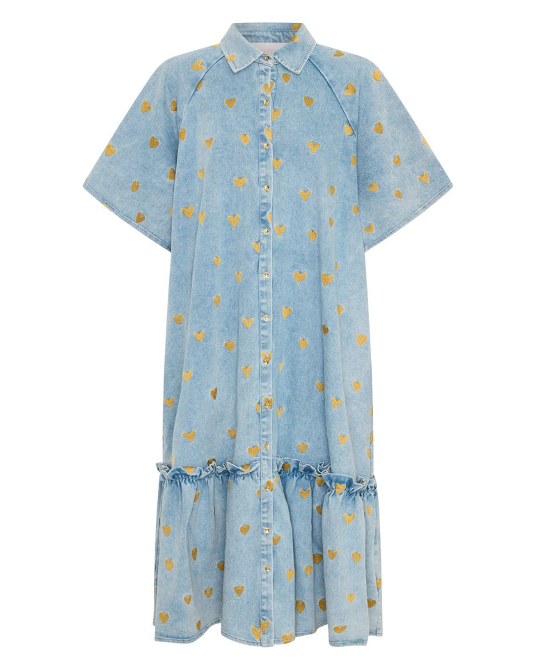 Light blue denim dress with gold hearts