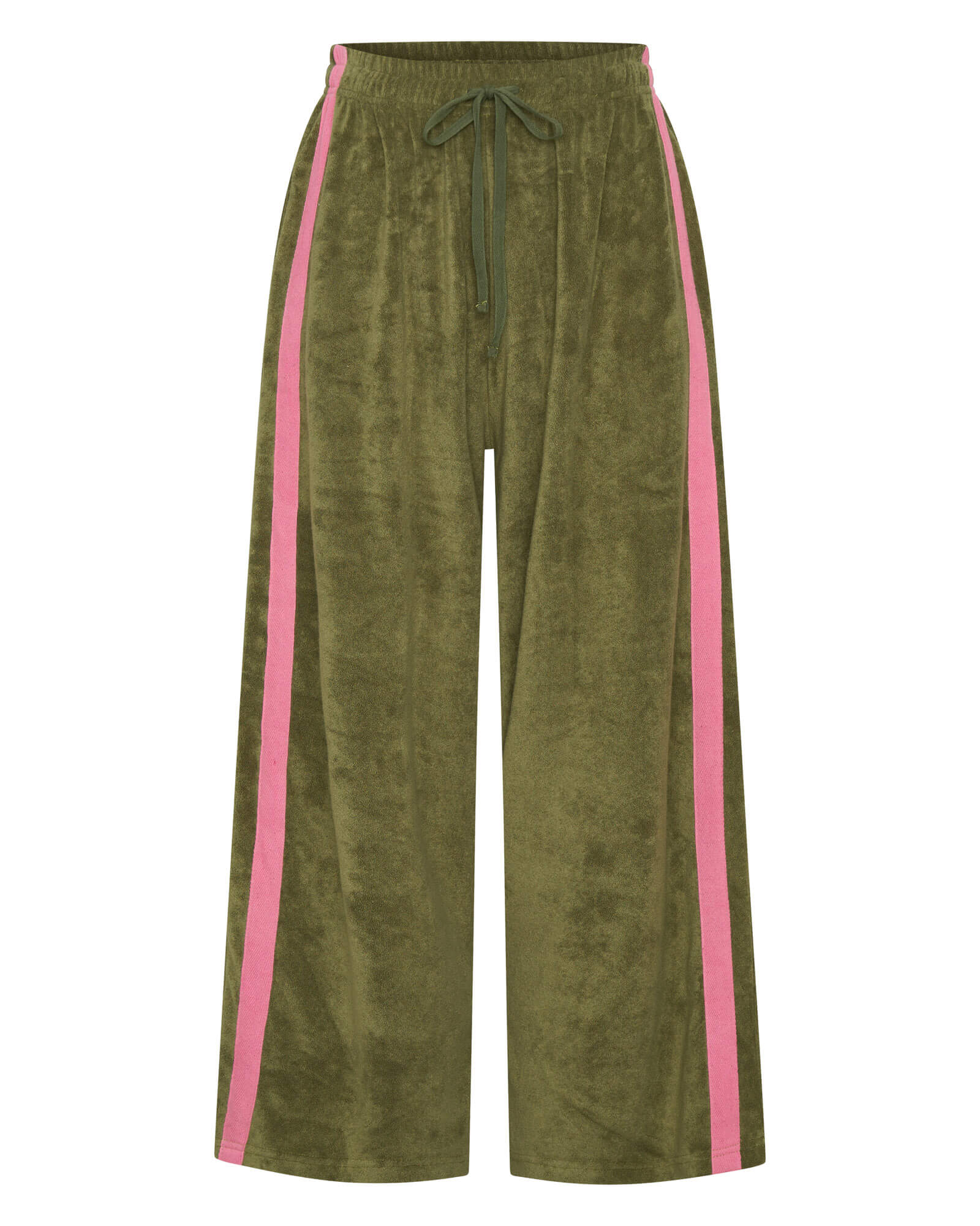 Green pants with pink side stripes on a white background