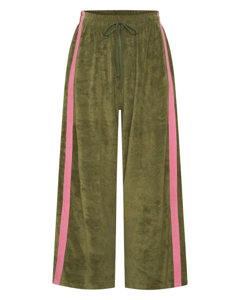 Green pants with pink side stripes on a white background