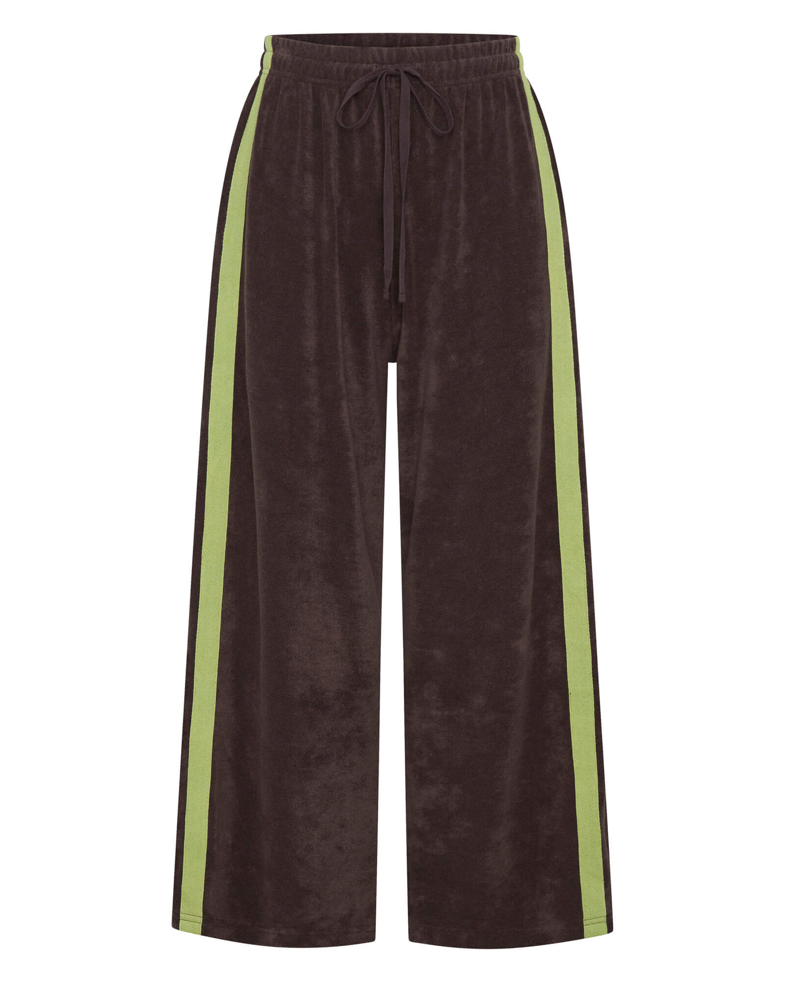 Brown terry towelling pants with green side stripes on a white background