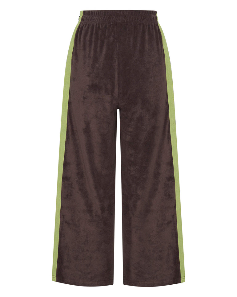 Brown Terry towelling pants with green side stripes on a white background