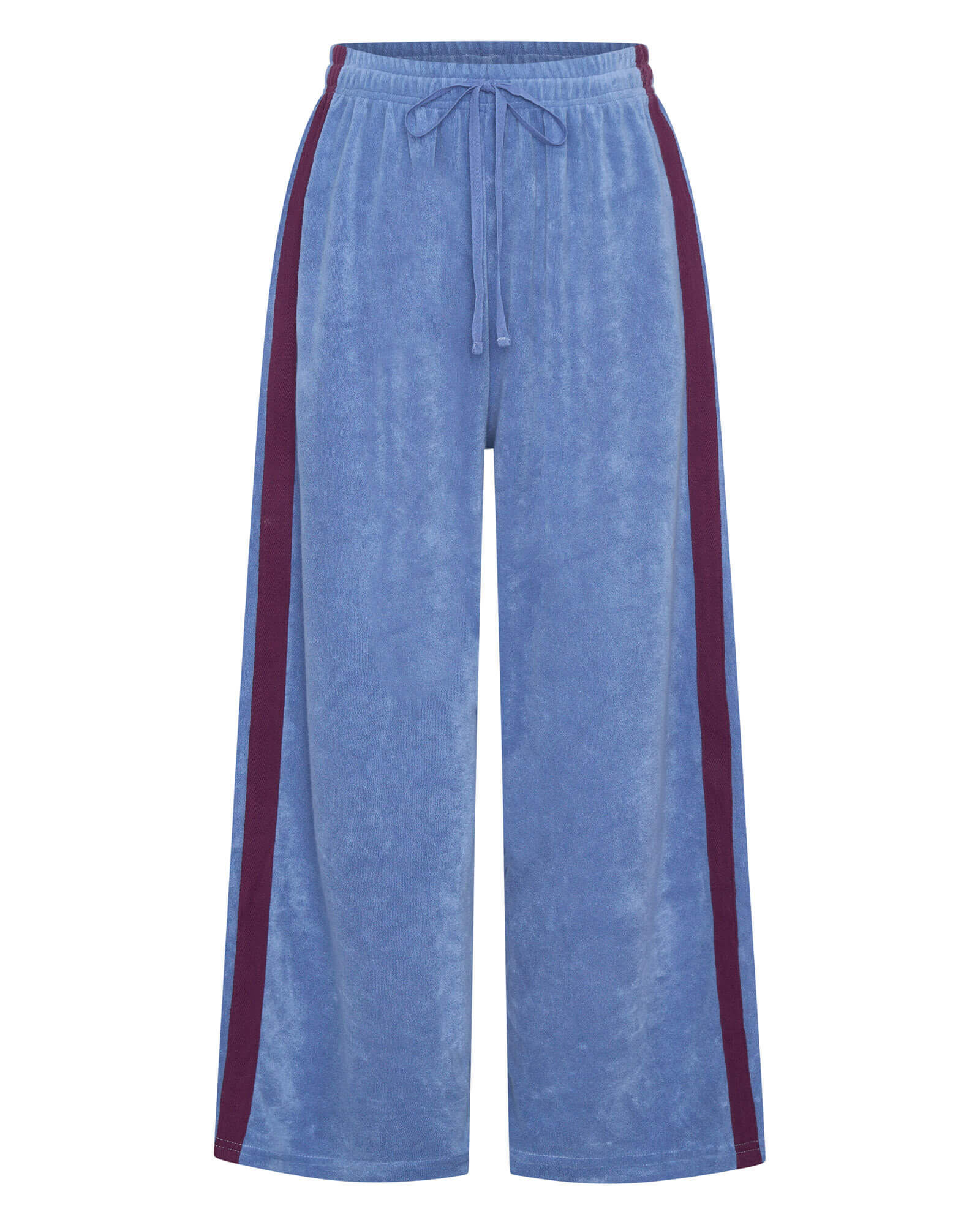 Blue pants with red side stripes on a white background