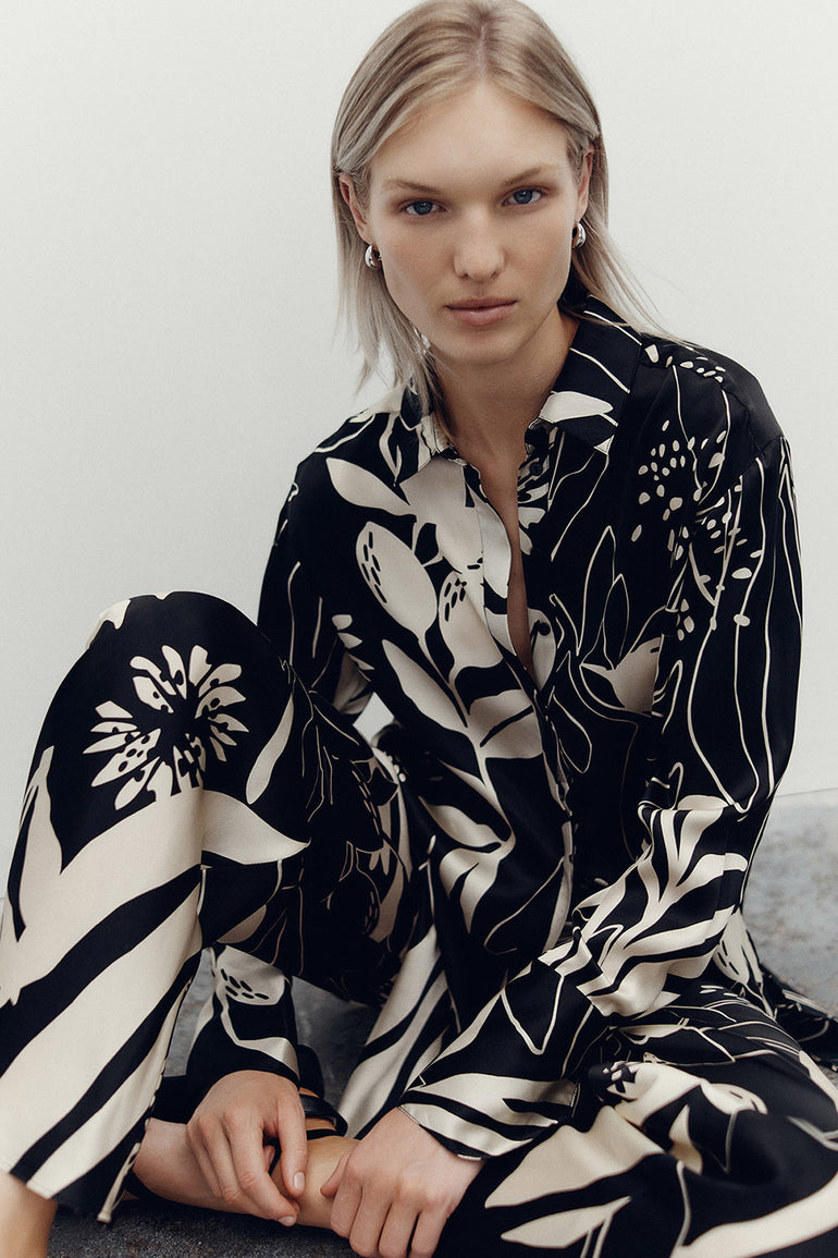 Shona Joy Capri Silk Tuxedo Shirt Black Cream