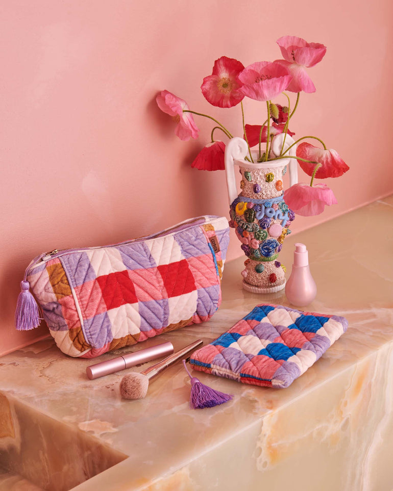 Kip&Co Summer Check Velvet Toiletry Bag