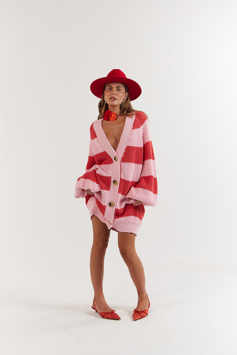 Woman wearing a red and pink striped cardigan - La Bohème Girls Elsie Knit Cardigan Candy Stripe
