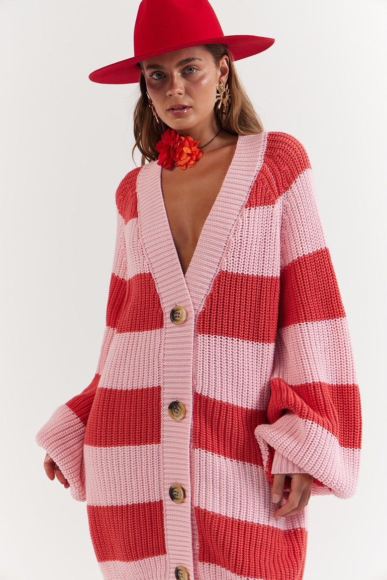 Woman wearing a red and pink striped cardigan - La Bohème Girls Elsie Knit Cardigan Candy Stripe