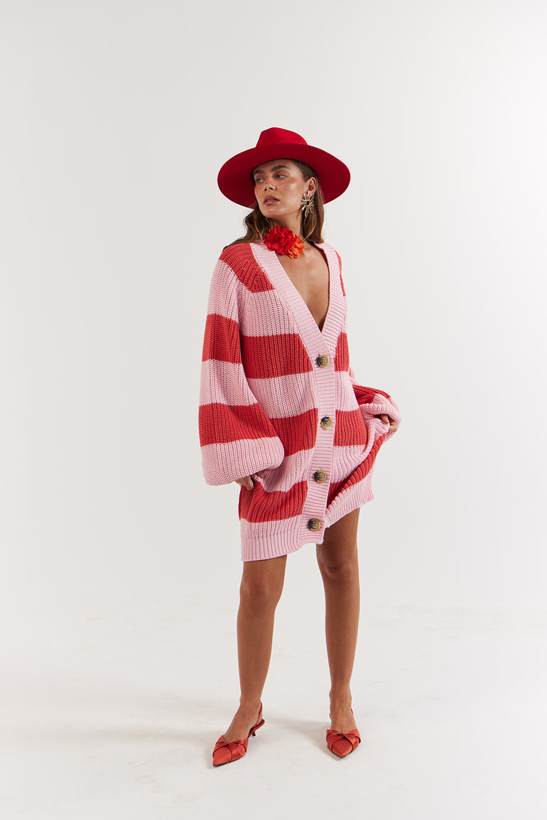 Woman wearing a red and pink striped cardigan - La Bohème Girls Elsie Knit Cardigan Candy Stripe