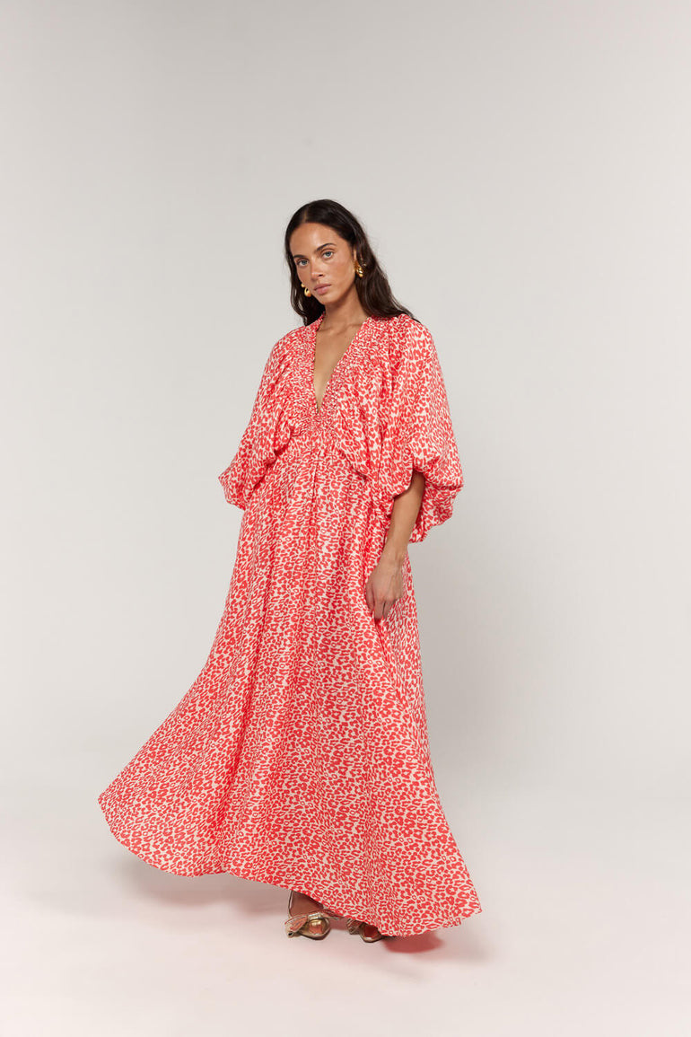 La Bohème Girls Essie V Neck Maxi Dress Coral Oat Leopard