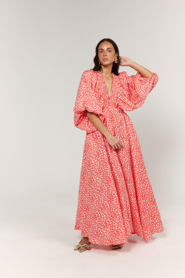 La Bohème Girls Essie V Neck Maxi Dress Coral Oat Leopard