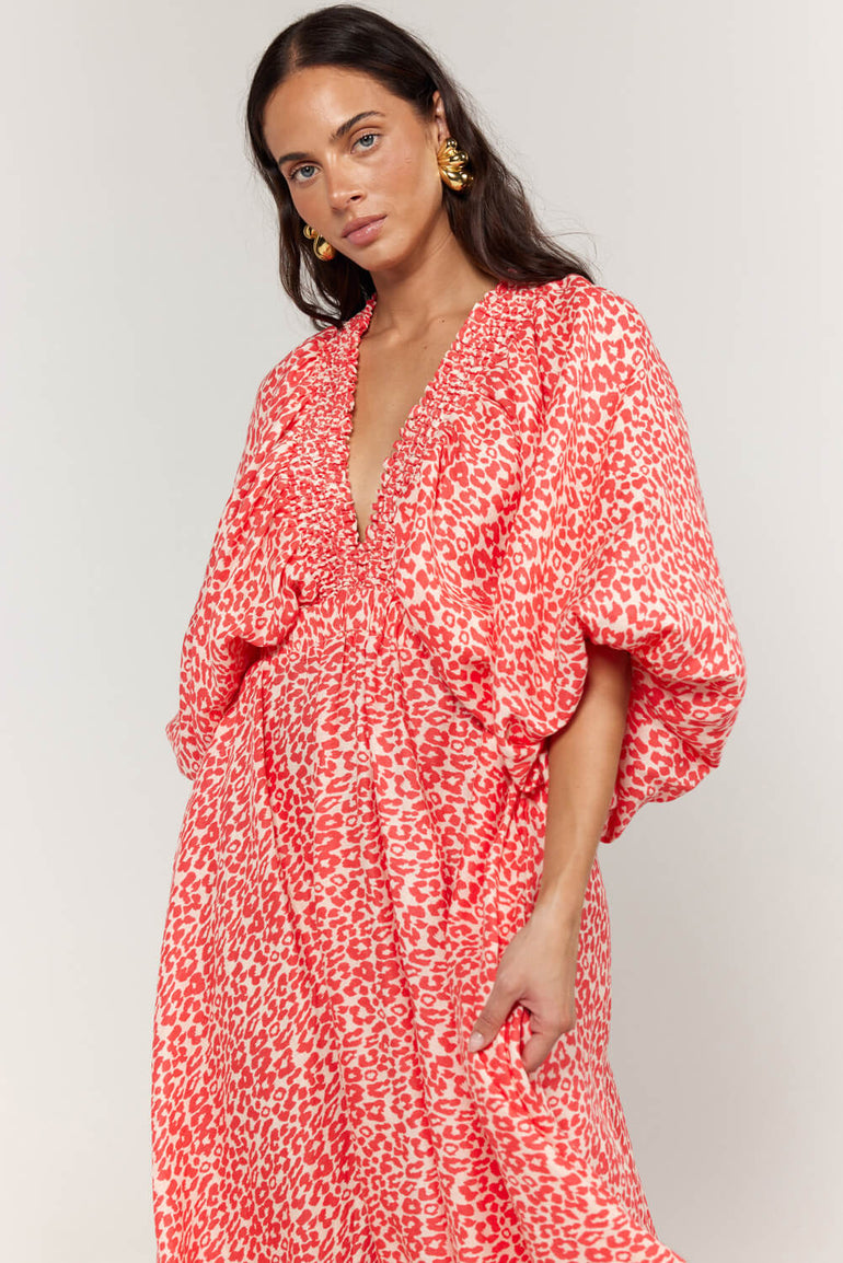 La Bohème Girls Essie V Neck Maxi Dress Coral Oat Leopard