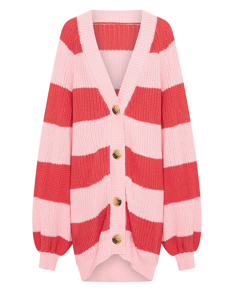 Pink and red striped cardigan with gold buttons