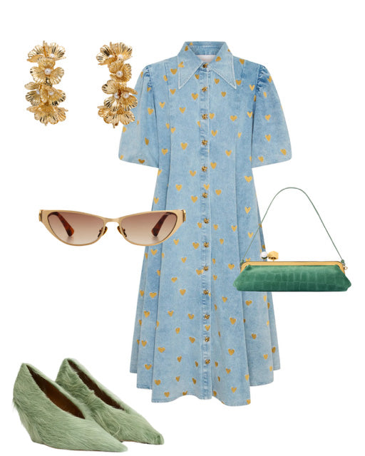 Blue dress with gold polka dots, green shoes, sunglasses, earrings, and handbag on a white background
