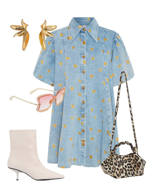 Blue dress with gold heart pattern, white booties, pink sunglasses, gold earrings, and leopard print bag on a white background.
