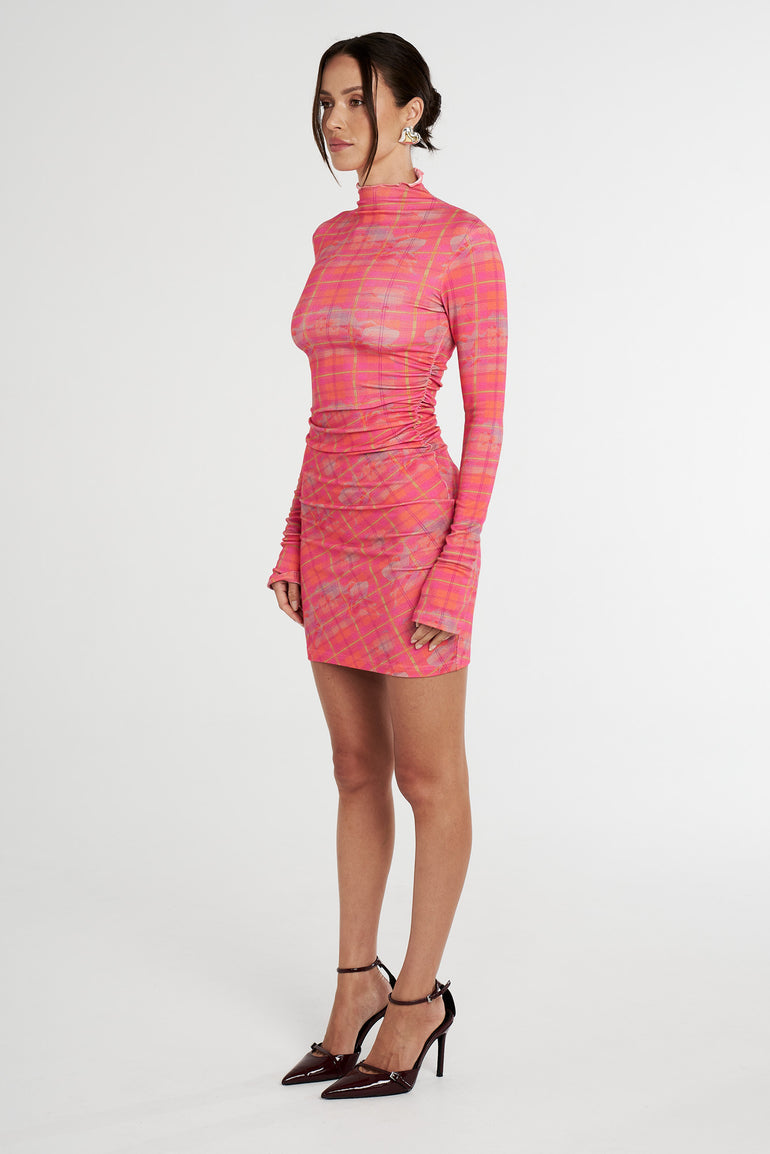 Summi Summi Neon Plaid LS Ruched Dress