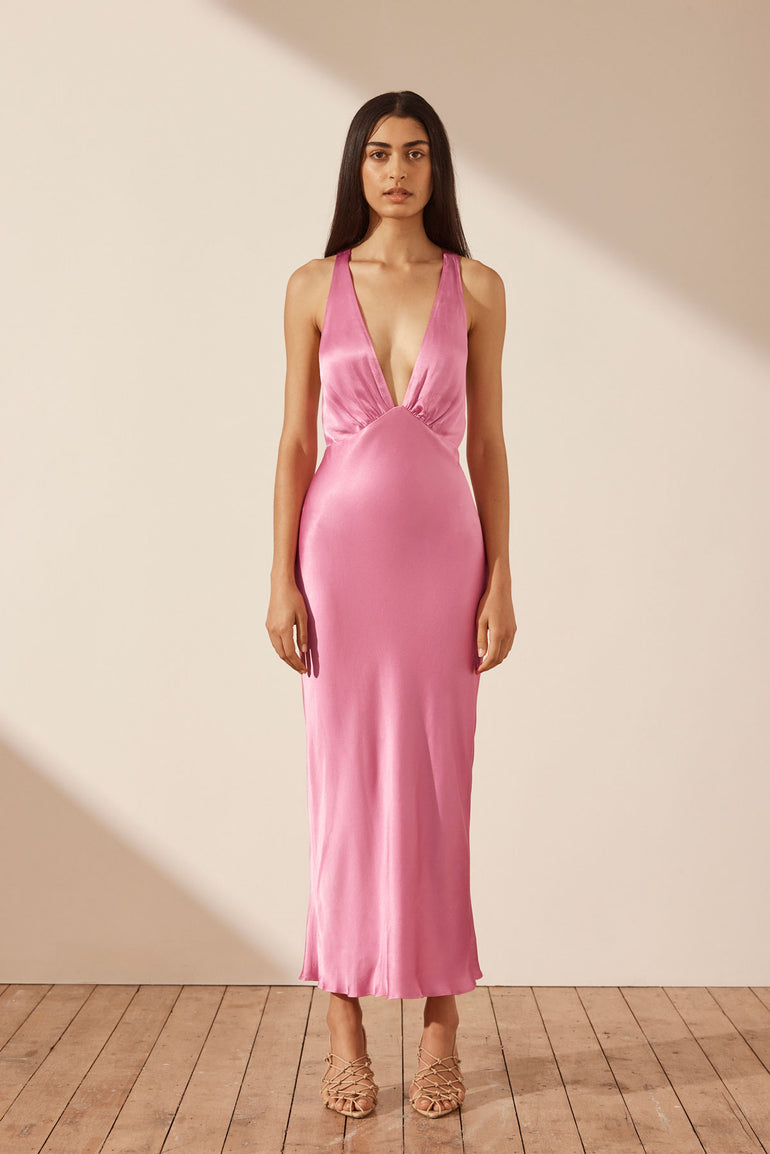 Shona Joy Arienzo Plunged Cross Back Midi Dress Ibis Rose