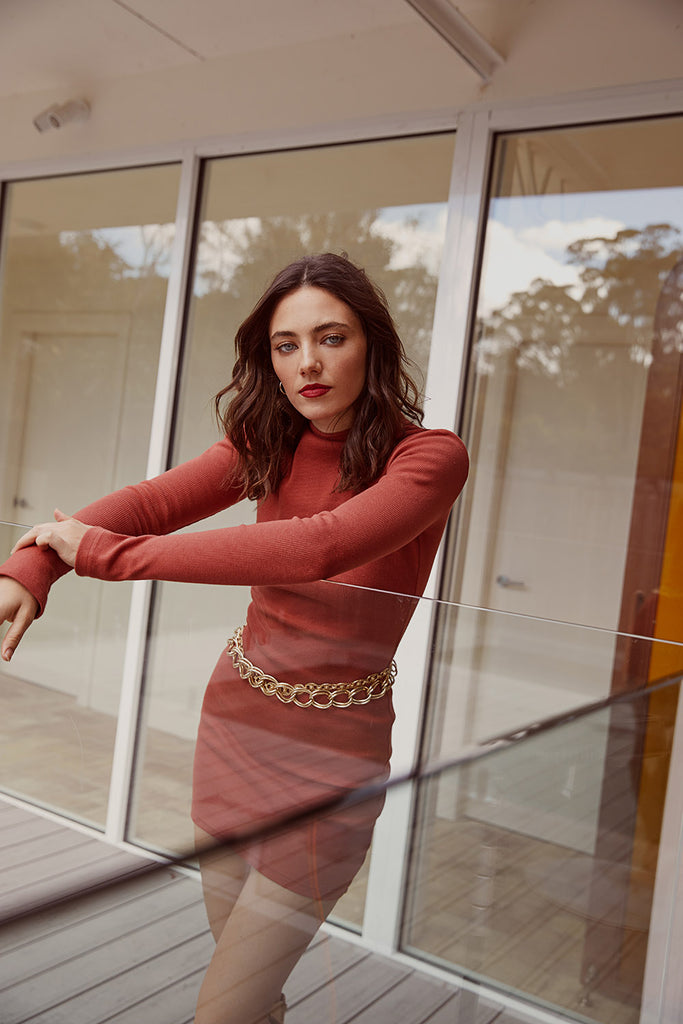 Summi Summi Long Sleeve Mini Dress Rust