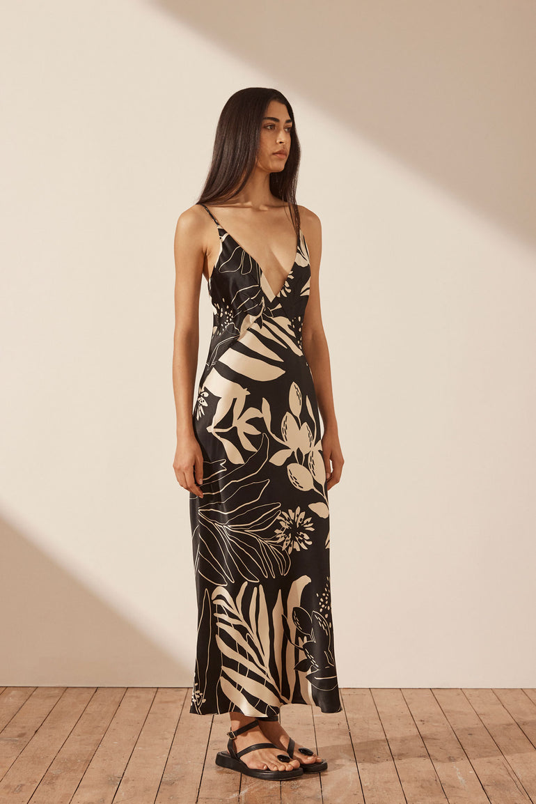 Shona Joy Capri Silk Plunged Slip Midi Dress Black Cream