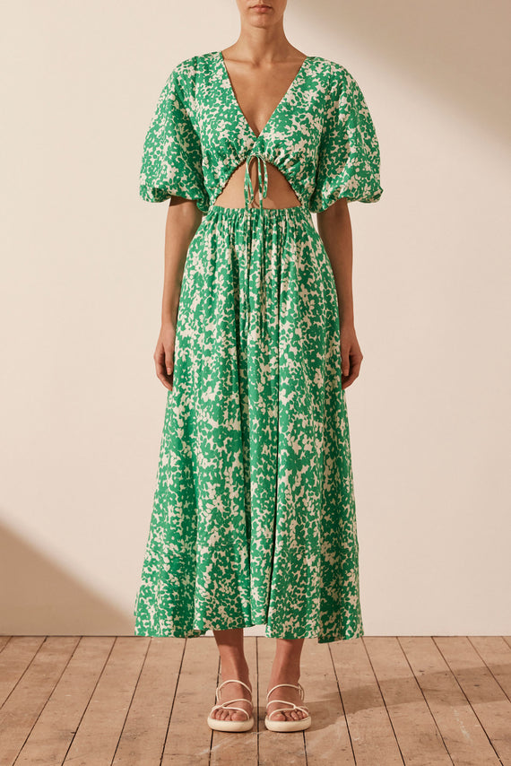 Shona Joy Arosa Linen Short Sleeve Cut Out Midi Dress