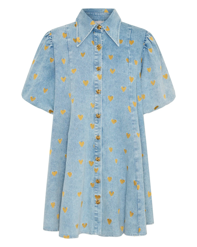 Light blue denim dress with gold heart patterns