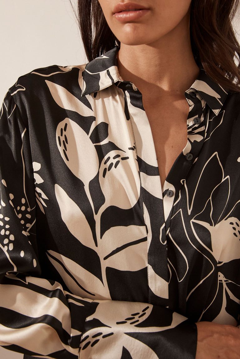 Shona Joy Capri Silk Tuxedo Shirt Black Cream