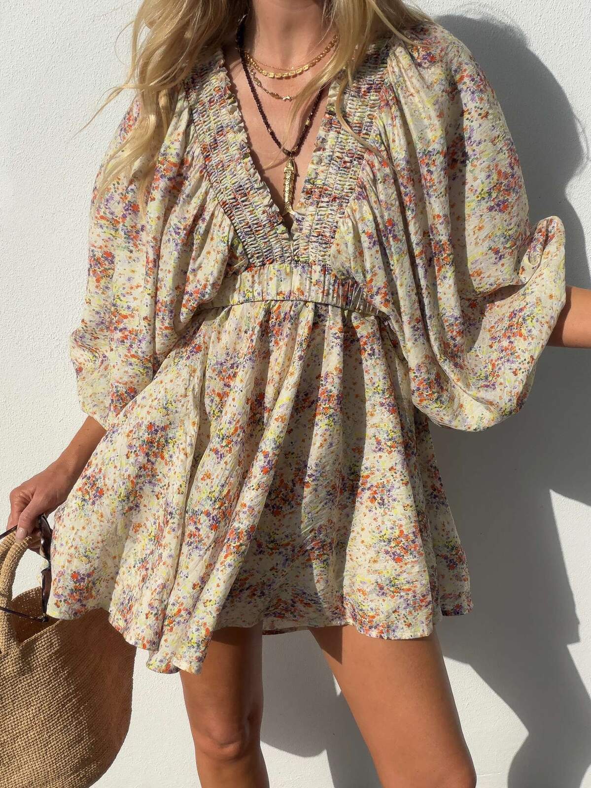 La Bohème Girls Essie V Neck Mini Dress in Confetti Bloom – close-up of the V neck and sleeves