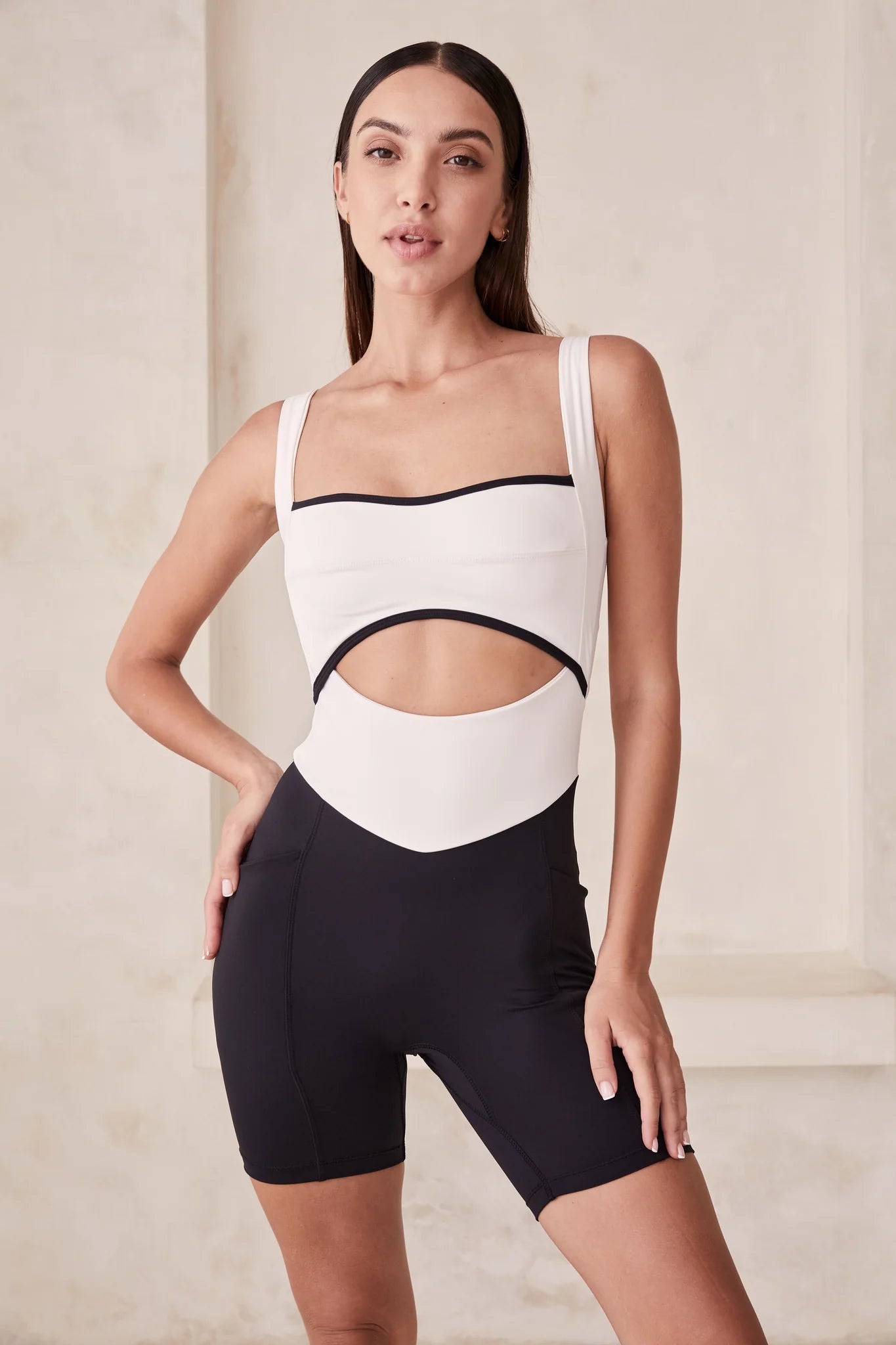 108 Sportif Capri Cutout Short Bodysuit With Pockets Stone