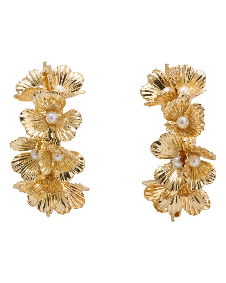 Gold floral earrings with pearl accents