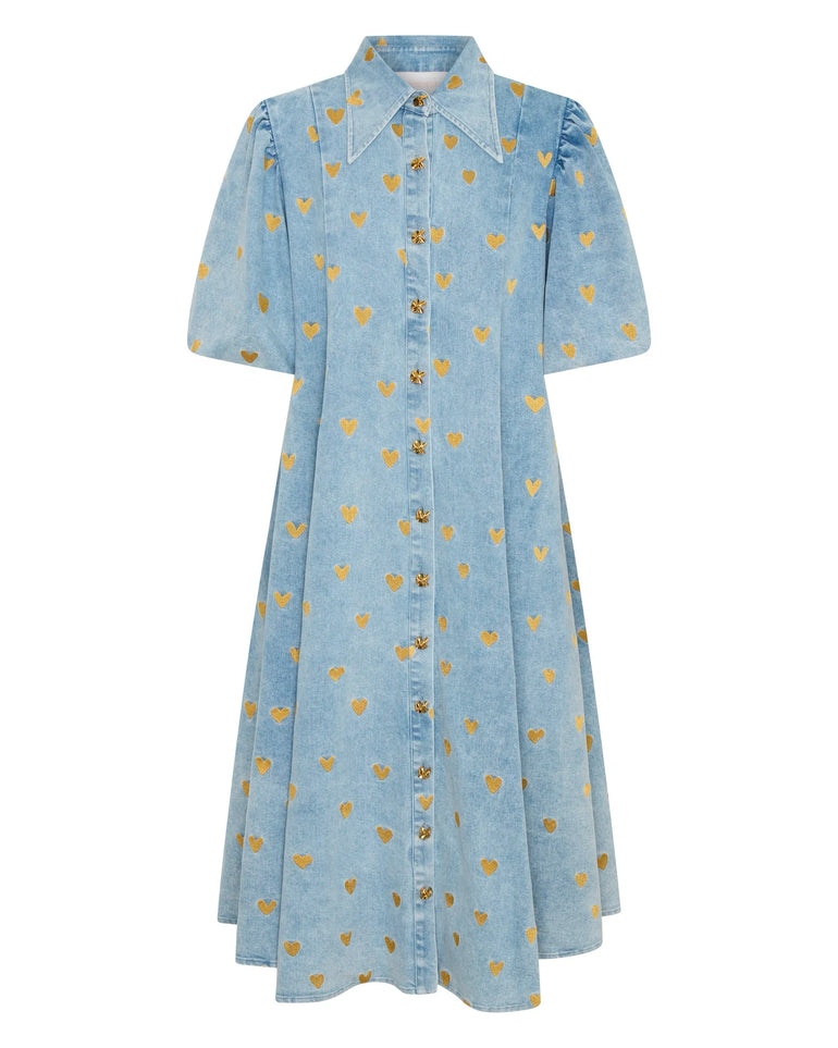 A blue denim dress with gold heart pattern - Denim Hearts by La Bohème