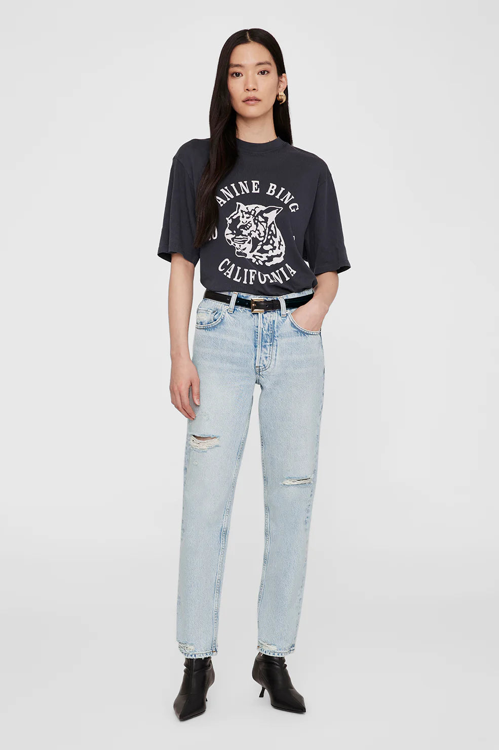 Anine Bing Avi Tee Collegiate Leopard Washed Charcoal