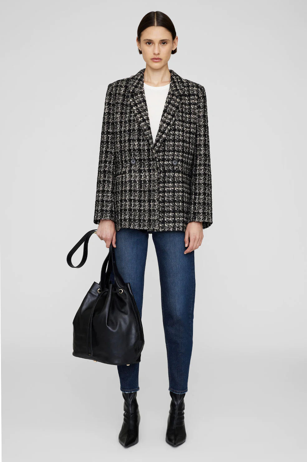 Anine Bing Madeleine Blazer Tan And Black Tweed