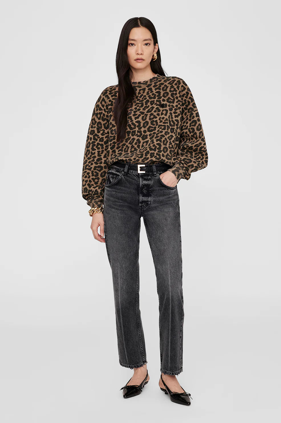 Anine Bing Miles Sweatshirt Black And Brown Leopard