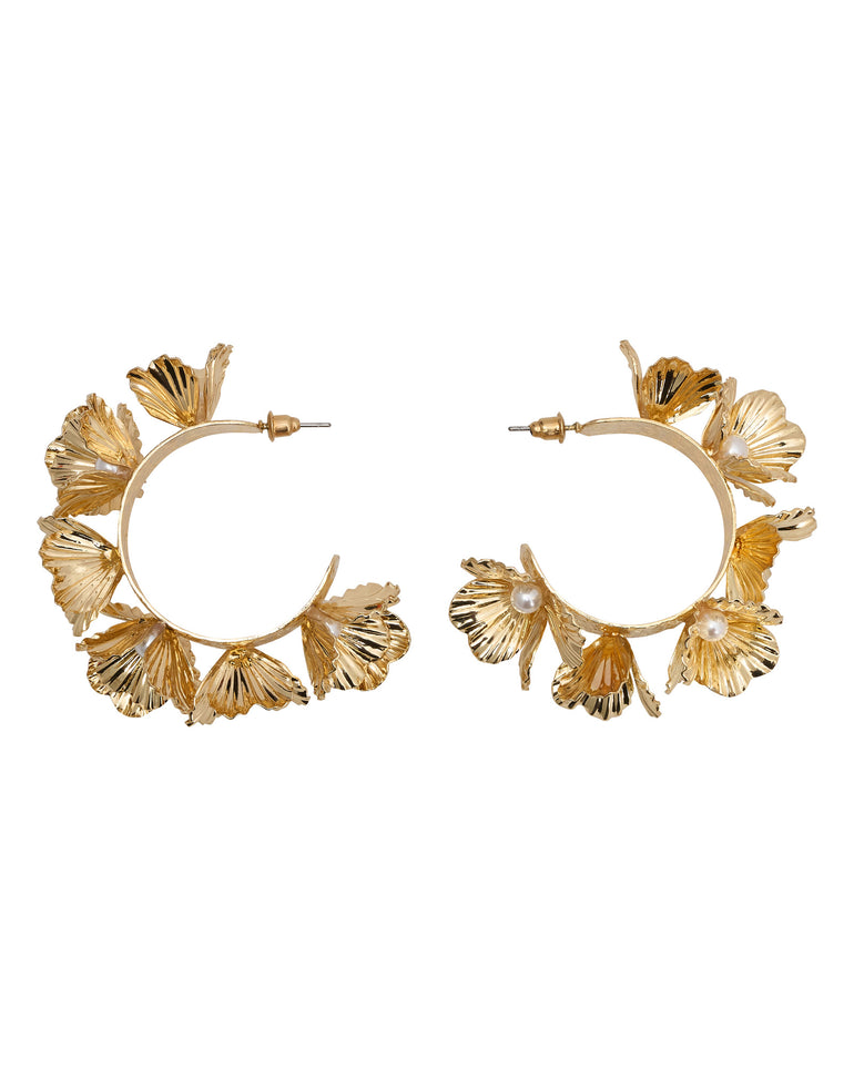 Gold hoop earrings with leaf-like designs