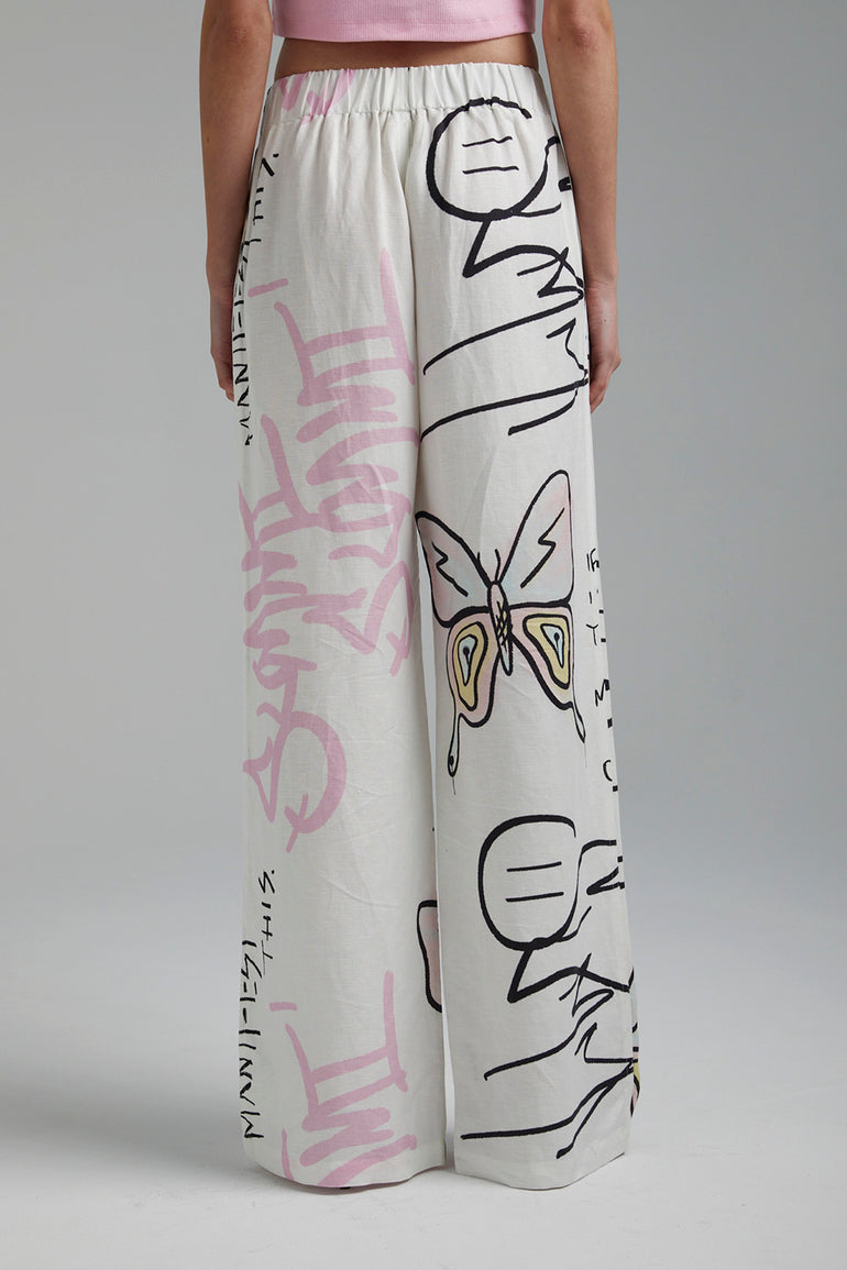 Summi Summi Linen Pants Graffiti Butterfly White