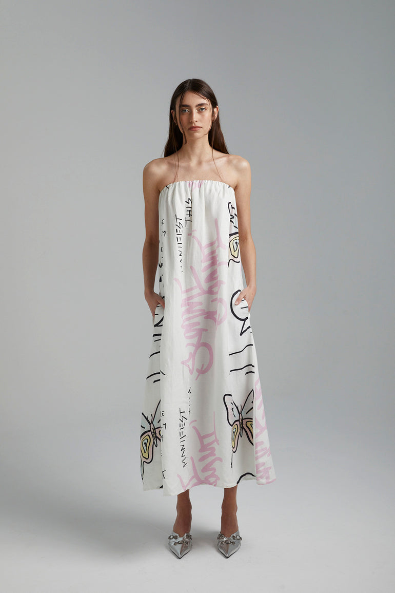 Summi Summi Strapless Dress Graffiti Butterfly White
