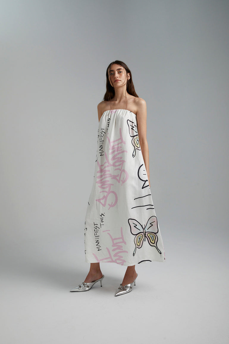 Summi Summi Strapless Dress Graffiti Butterfly White