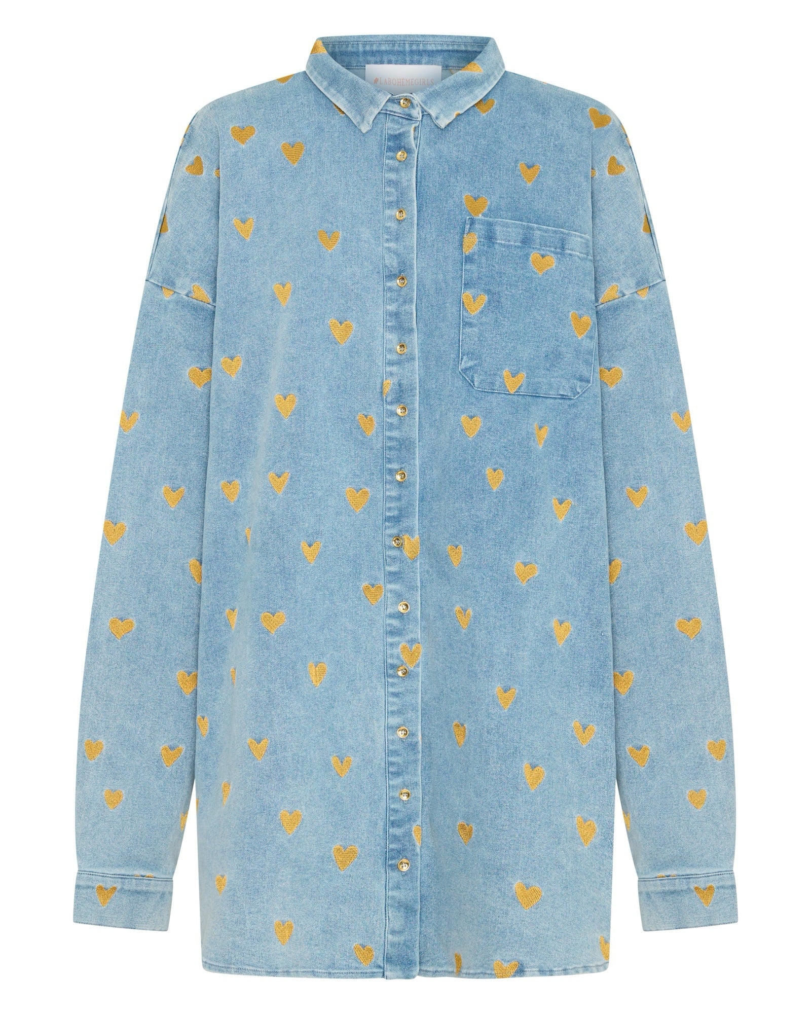 Light blue denim shirt with gold heart patterns