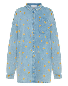Light blue denim shirt with gold heart patterns