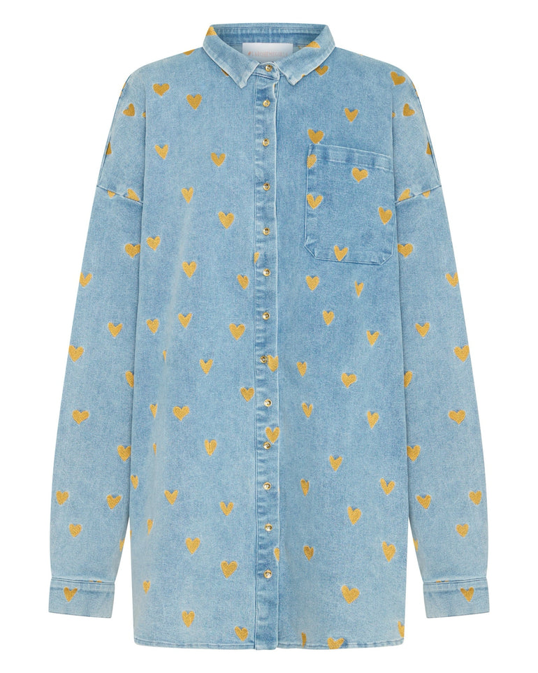 Light blue denim shirt with gold heart patterns