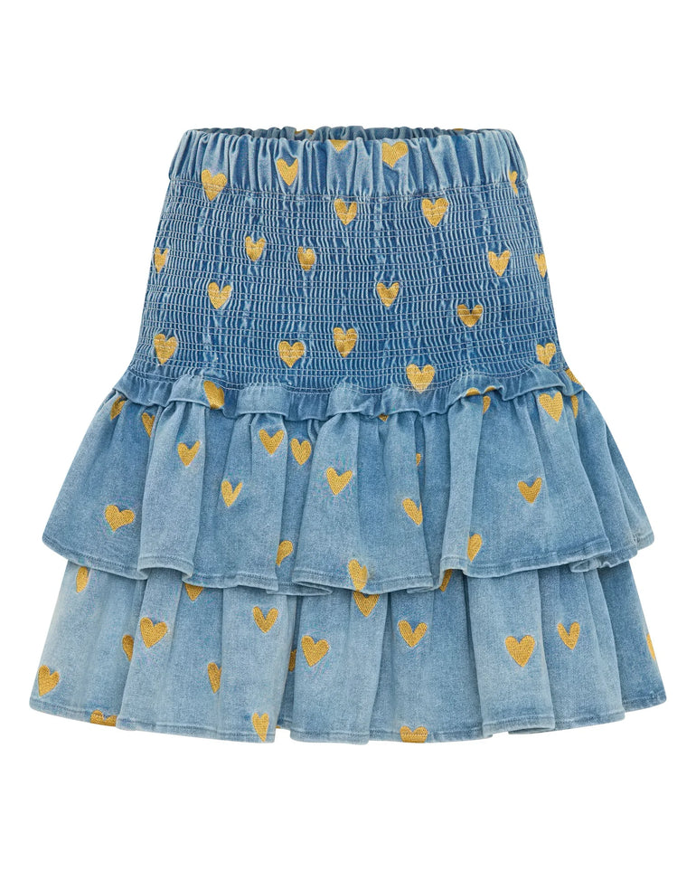 Denim skirt with gold heart pattern