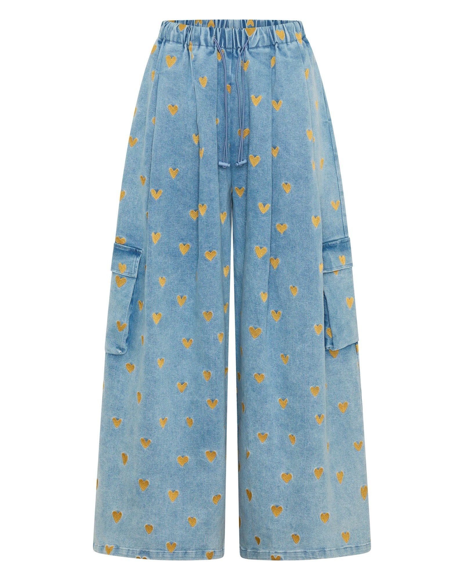 Blue denim pants with gold heart pattern